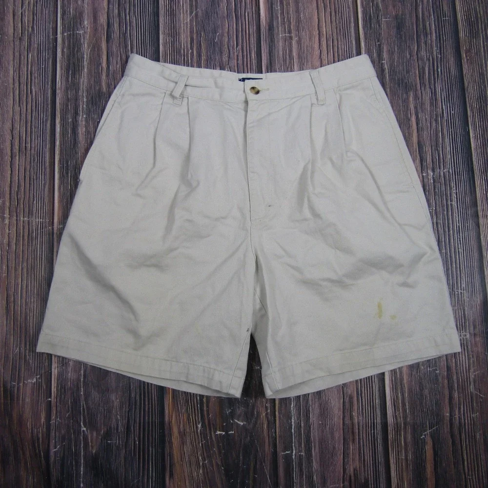 Tommy Hilfiger‎ Mens 33 Beige Pleated Chino Shorts 7 Inch Summer Casual Comfort